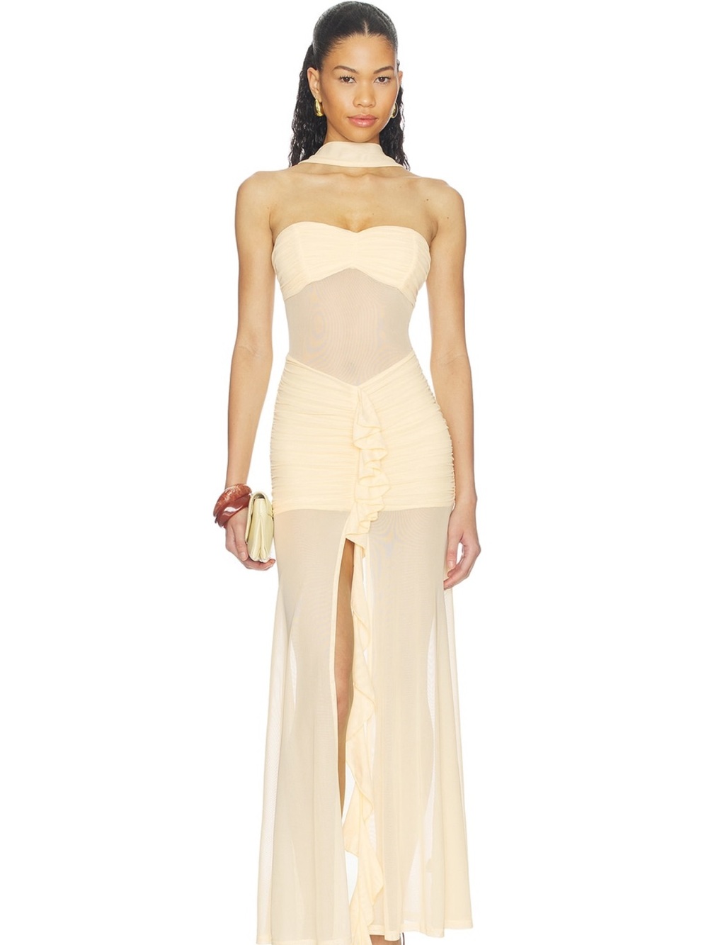 superdown Strapless Cream Ruffle Mesh Maxi Dress with Choker